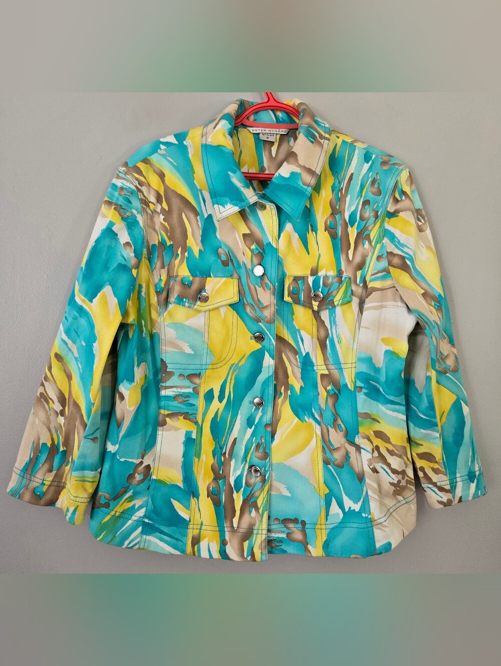 Vintage Peter Nygard Abstract Print Denim Style Jacket 3/4 Sleeve Turquoise Sz16